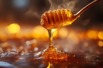 Honey dripping, warm, golden, close-up, food, background bokeh
