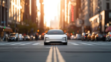 Modern Electric Vehicle Driving on Urban Street at Sunset with City Lights