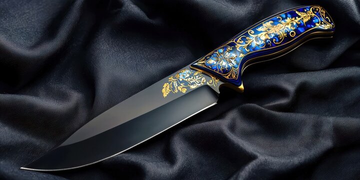 Knife with a blue handle and gold trim