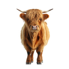 Portrait of a Scottish highland cow full body isolated on transparent background, PNG