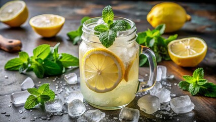 Fototapeta premium Refreshing iced lemonade with mint leaves and crushed ice served in a mason jar on a summer day