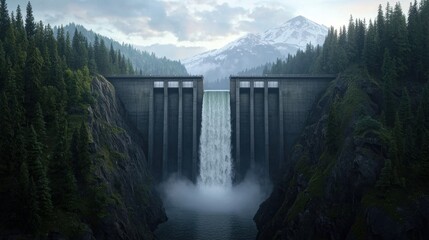 Majestic Waterfall Cascade from Concrete Dam in Serene Nature Landscape