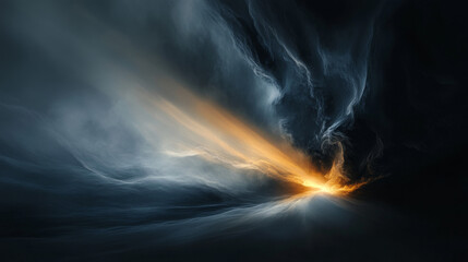 A striking beam of light pierces through dark, turbulent storm clouds, creating a dramatic visual contrast