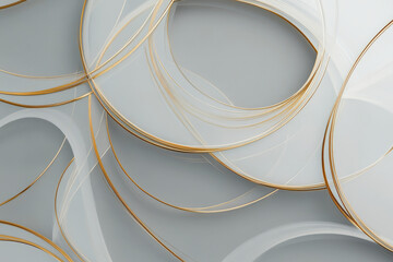 Abstract composition with interlocking circles and golden lines, layered on a smooth gray background for a sophisticated and modern look.