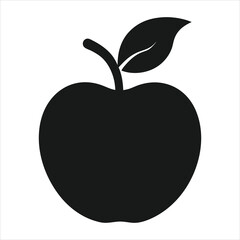 Simple black silhouette of an apple with leaf.