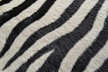 Close-up of zebra fur texture, black and white stripes with fine hair details.