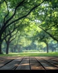 Wooden Table Overlooking a Serene Green Park with Lush Trees and Soft Bokeh Light