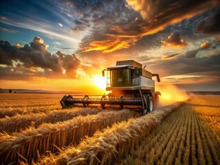 Powerful Agricultural Harvester Harvesting Wheat Field at Sunset