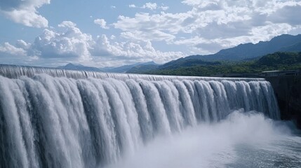Majestic waterfall cascading over dam with clouds and mountains