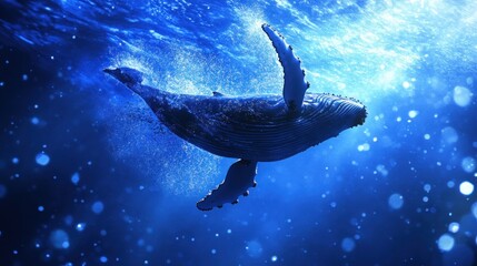 Humpback whale swimming ocean, sunlight bokeh background, marine wildlife, nature documentary