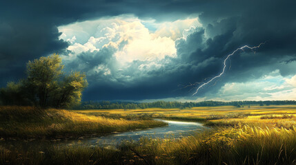 Fototapeta premium A summer thunderstorm rumbles across the prairies, bringing an awe-inspiring display of natureâ€™s force