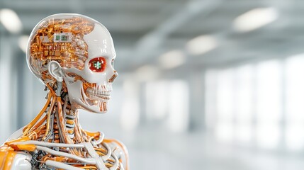 Futuristic Robot Skeleton with High-Tech Circuitry and Transparent Head, Symbolizing Human-Machine Fusion