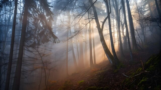 Mystical foggy forest with sun rays piercing throu