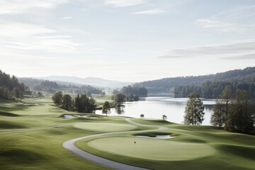Scenic view of serene golf course with lake and mountains in early morning light showcasing lush green landscapes