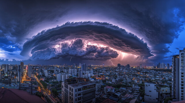 A turbulent sky filled with storm clouds looms before the arrival of rain and lightning