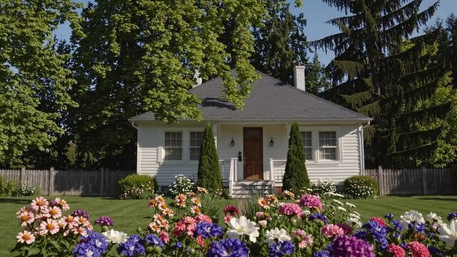 Slow Motion Shot of a Charming Classic Family House Surrounded by Beautiful Blooming Flowers and Trees &ndash; Idyllic Suburban Home, Vibrant Garden in Full Bloom, Serene Nature Setting, Warm and Cozy 