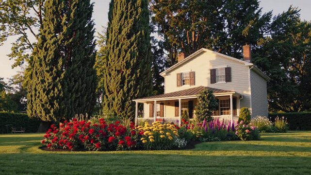 Slow Motion Shot of a Charming Classic Family House Surrounded by Beautiful Blooming Flowers and Trees &ndash; Idyllic Suburban Home, Vibrant Garden in Full Bloom, Serene Nature Setting, Warm and Cozy 