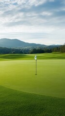 Obraz premium Stunning green golf course landscape with a flag on the putting green under a bright sky
