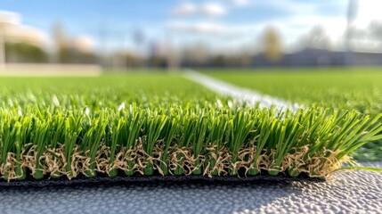 Close-Up View of Pristine Artificial Grass on Soccer Field with Soft Focus Background and Bright Sky