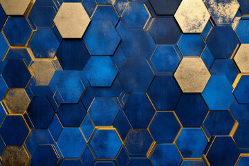 Geometric hexagonal patterns in blue and gold, flowing into one another to create a seamless, bold, and sophisticated background.