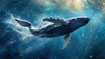 Humpback whale swimming ocean, sunlit water, marine life, nature background, stock photo