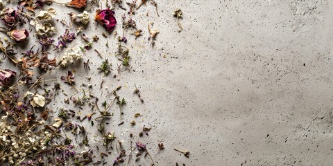 White background with a bunch of dried flowers scattered on it