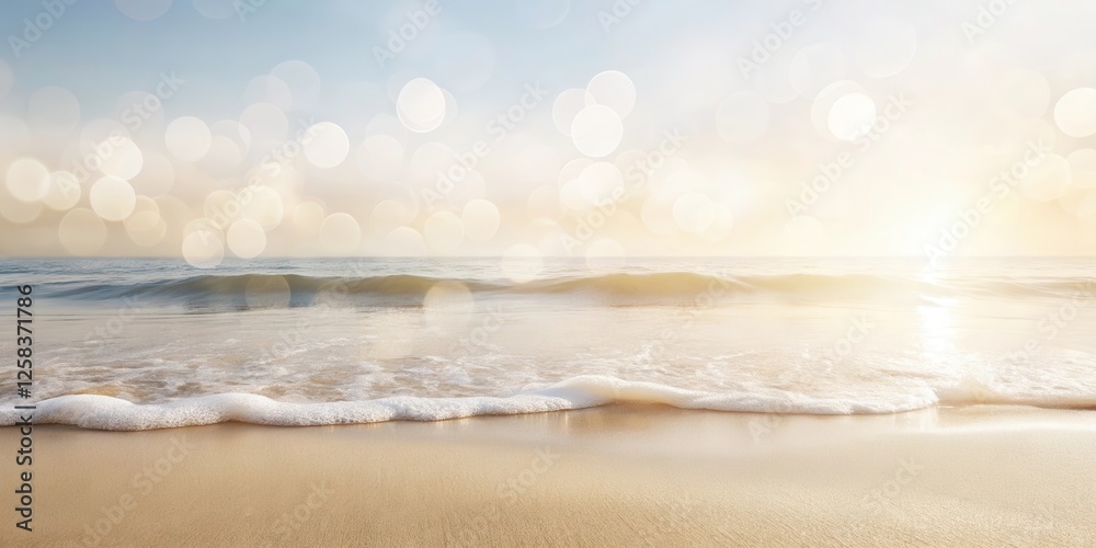 Aufkleber Serene ocean wave gently lapping on a sunlit sandy shore with a bokeh effect background