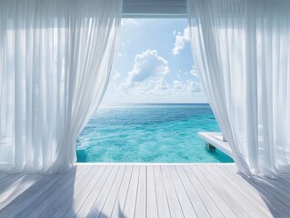 Serene Ocean View from Balcony with Flowing White Curtains in Tropical Paradise Backdrop