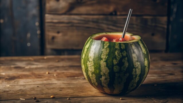 Refreshing summer watermelon juice served in a hollowed watermelon for a perfect picnic drink experience