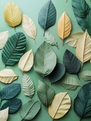 Colorful variety of leaves on a green backdrop.