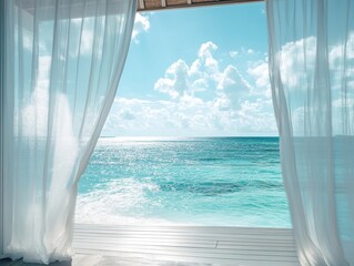 Serene Ocean View through White Curtains with Azure Sky and Tranquil Waves Backdrop Holiday Escape