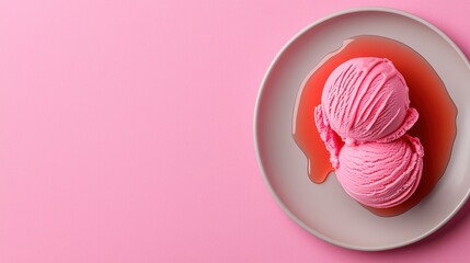 Obraz premium Two Scoops of Pink Ice Cream with Syrup on a Modern Plate Against a Soft Pink Background