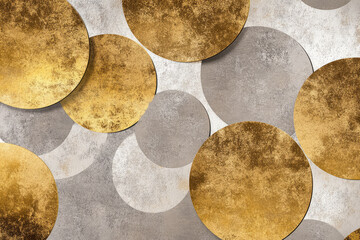 Abstract design with layered circular patterns in gold and silver, forming a modern, bold aesthetic with a sophisticated color palette.