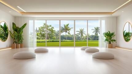 Fototapeta premium A bright, airy wellness studio with large windows, natural light, and fresh air enhancing relaxation and mindfulness.