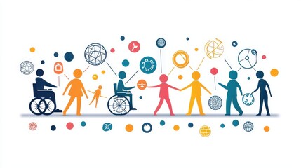 Fototapeta premium A bright and engaging disability inclusion banner, with stylized figures representing different abilities, connected by abstract shapes symbolizing unity and visibility.