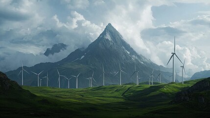 Fototapeta premium Majestic Mountain Landscape with Wind Turbines Amidst Clouds