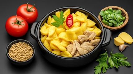Authentic Ecuadorian Cuisine Displaying A Colorful Dish with Pasta, Chicken, Fresh Vegetables, and Spices on a Dark Background