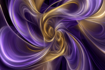 Fototapeta premium Abstract fluid ink swirls in deep purple and gold, flowing together to form a hypnotic, dynamic pattern.