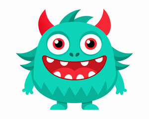 Cute Cartoon Teal Monster with Red Horns and Big Yellow Eyes in Playful Kawaii Vector Art