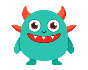  Cute Cartoon Teal Monster with Red Horns and Big Yellow Eyes in Playful Kawaii Vector Art