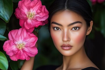 Naklejka premium A young woman with flawless skin posing beside vibrant pink flowers in a lush green setting.