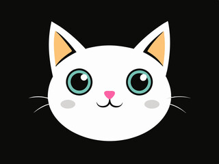 Cute Cartoon Cat Face with Teal Eyes and Pink Nose in Kawaii Style on Black Background