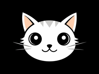 Cute Cartoon Cat Face with Teal Eyes and Pink Nose in Kawaii Style on Black Background