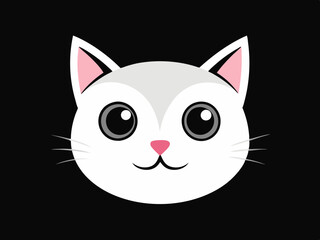 Cute Cartoon Cat Face with Teal Eyes and Pink Nose in Kawaii Style on Black Background