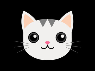 Cute Cartoon Cat Face with Teal Eyes and Pink Nose in Kawaii Style on Black Background