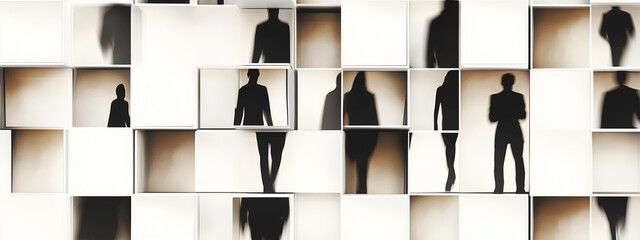 Abstract silhouettes of people in a modern, box-like arrangement, blending mystery and elegance.