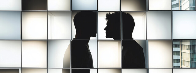 Silhouette of two men in tense conversation in a modern, box-like business office environment
