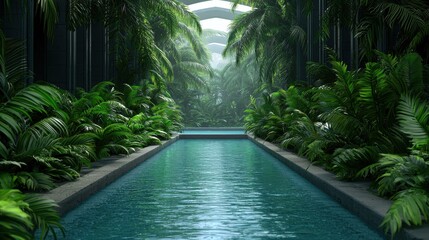Fototapeta premium Serene Indoor Pool Surrounded by Lush Tropical Foliage and Greenery