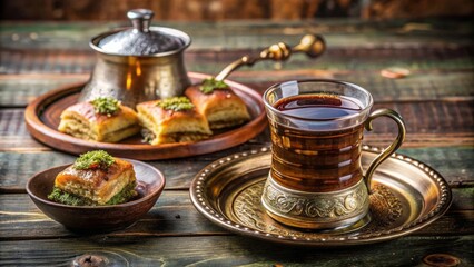 Fototapeta premium Savoring traditional turkish coffee and baklava pairing istanbul cozy close-up experience in a delightful setting