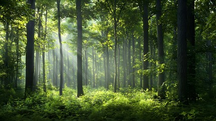 Obraz premium Sunlit Green Forest Landscape